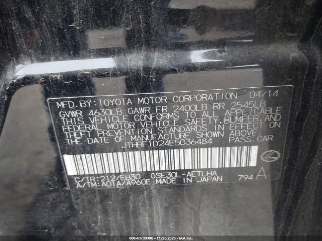 2014 LEXUS IS 250 JTHBF1D24E5036484 Photo 8