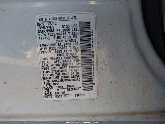 2013 NISSAN MURANO JN8AZ1MU7DW209210 Photo 8