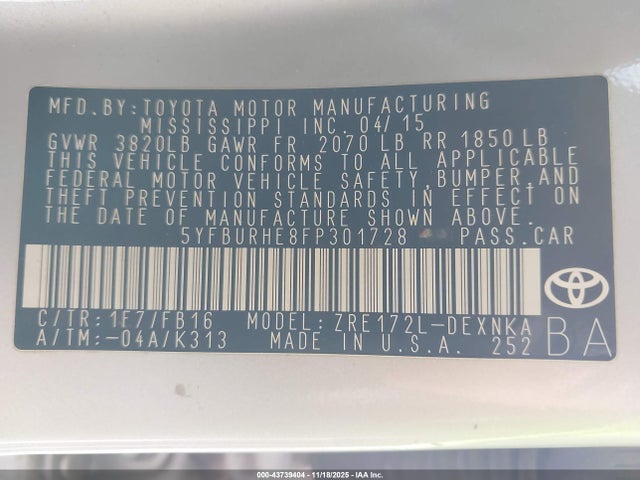 5YFBURHE8FP301728 Toyota COROLLA LE