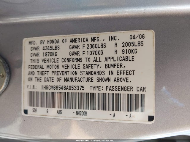 2006 Honda Accord 3.0 Ex მანქანა იყიდება აუქციონზე, vin: 1HGCM66546A053375, აუქციონის ნომერი: 43739417