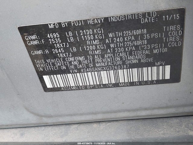 4S4BSANCXG3260387 Subaru Outback 2.5i Limited
