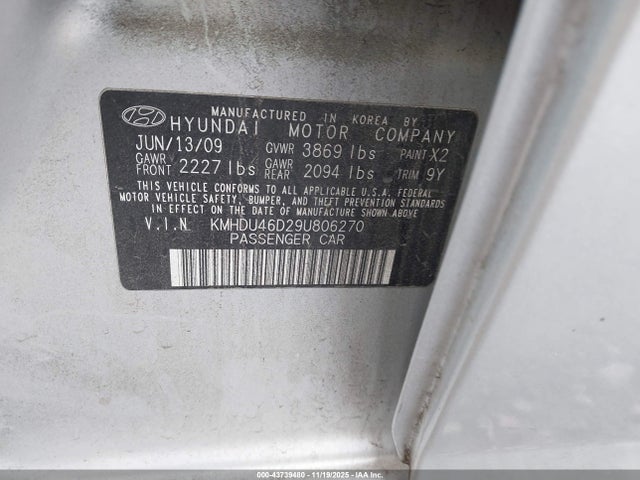 Aukcja sprzedaży 2009 Hyundai Elantra Gls, vin: KMHDU46D29U806270, numer aukcji: 43739480