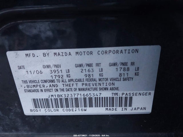 43739621 :رقم المزاد ، JM1BK323771665347 vin ، 2007 Mazda Mazda3 S Grand Touring مزاد بيع