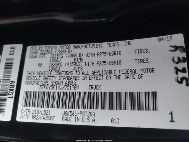 5TFAY5F14JX751704 Toyota Tundra 1794 5.7l V8