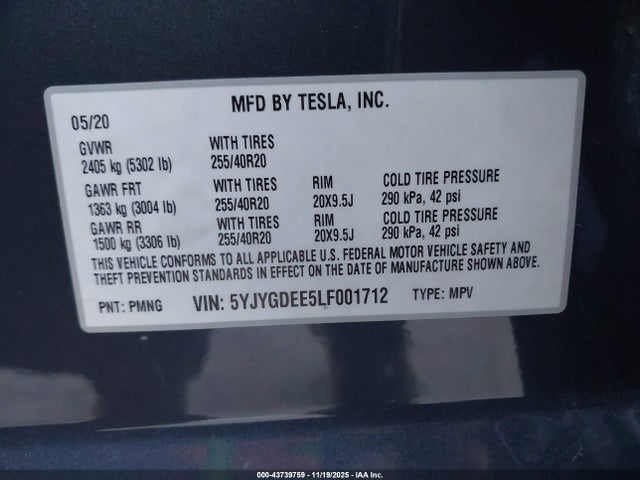 2020 TESLA MODEL Y 5YJYGDEE5LF001712 Photo 8