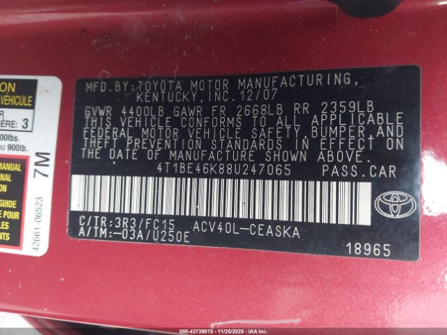 2008 TOYOTA CAMRY 4T1BE46K88U247065 Photo 8