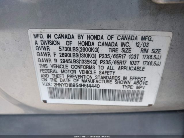 2004 ACURA MDX 2HNYD18954H514440 Photo 8
