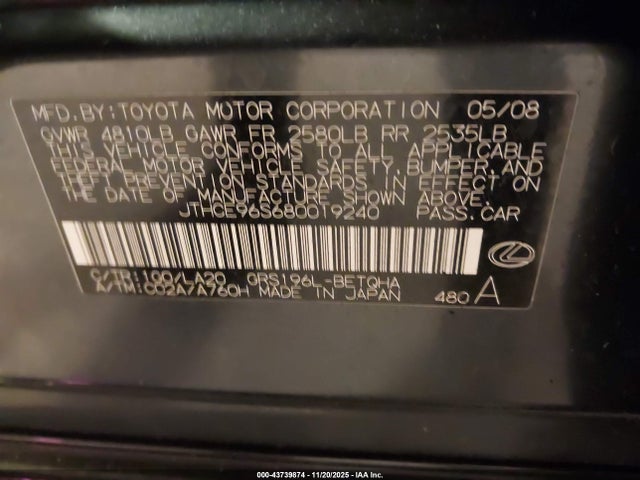 Продаж на аукціоні авто 2008 Lexus Gs 350, vin: JTHCE96S680019240, номер лоту: 43739874