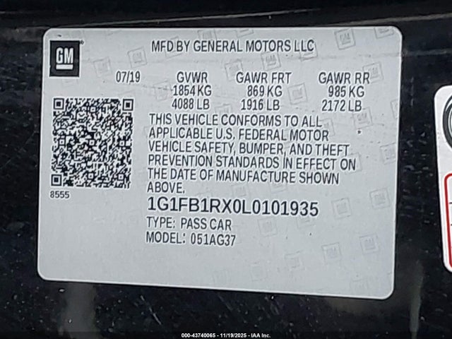 1G1FB1RX0L0101935 Chevrolet Camaro Rwd 1ls