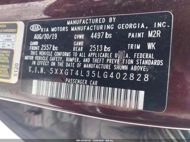 Продажа на аукционе авто 2020 Kia Optima Lx, vin: 5XXGT4L35LG402828, номер лота: 43740135