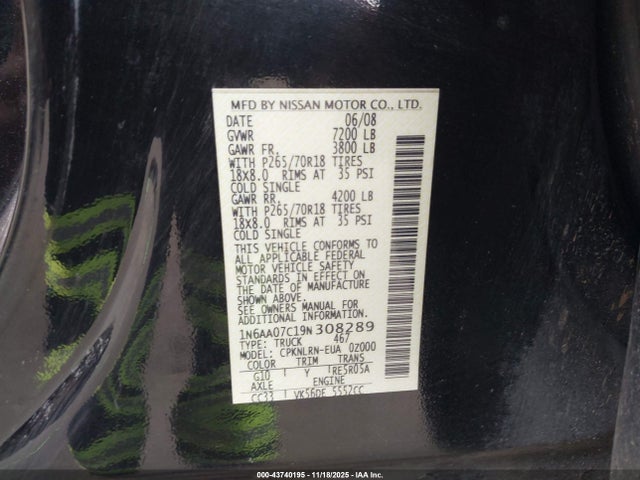 Продаж на аукціоні авто 2009 Nissan Titan Xe, vin: 1N6AA07C19N308289, номер лоту: 43740195