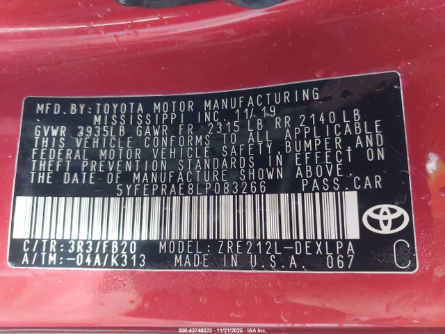 Toyota COROLLA LE 2020 5YFEPRAE8LP083266 Image 9