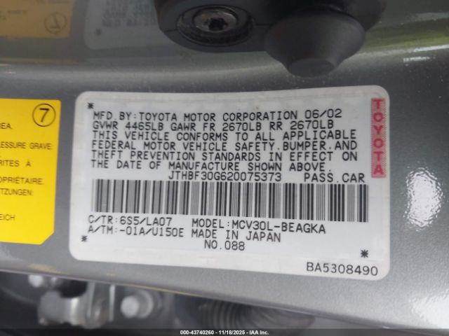 2002 LEXUS ES 300 JTHBF30G620075373 Photo 8