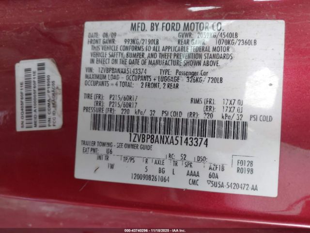 2010 FORD MUSTANG 1ZVBP8ANXA5143374 Photo 8