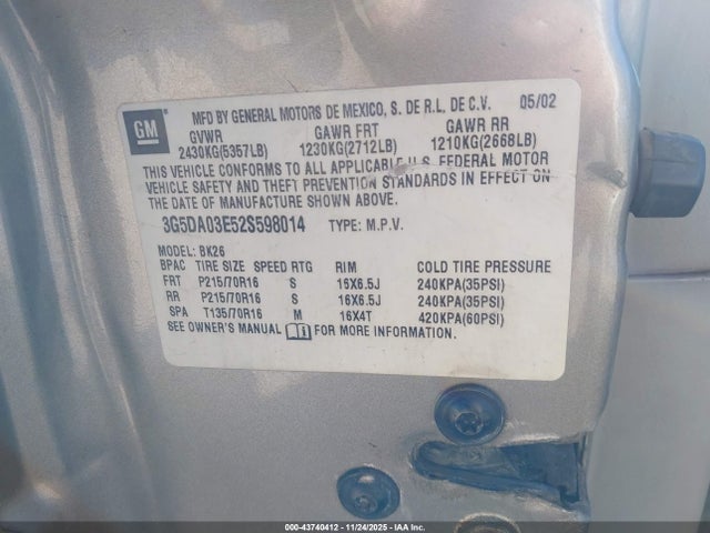 Aukcja sprzedaży 2002 Buick Rendezvous Cx, vin: 3G5DA03E52S598014, numer aukcji: 43740412