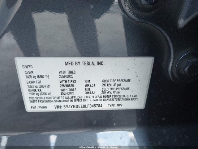 2020 TESLA MODEL Y 5YJYGDEE8LF045784 Photo 8