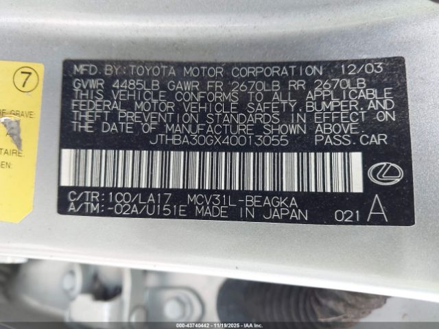 2004 LEXUS ES 330 JTHBA30GX40013055 Photo 8