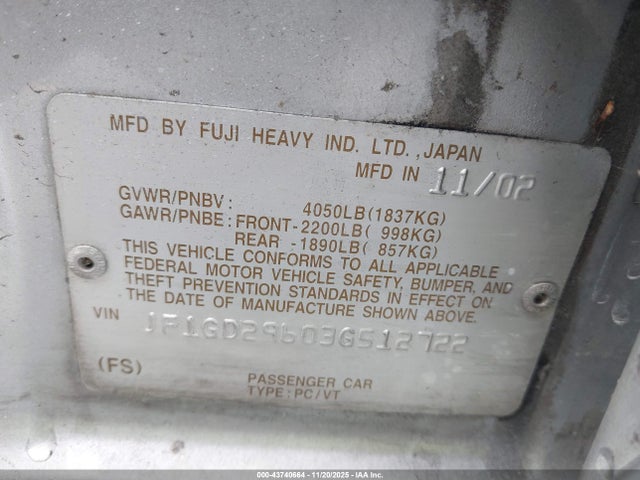 Продаж на аукціоні авто 2003 Subaru Impreza Wrx, vin: JF1GD29603G512722, номер лоту: 43740664