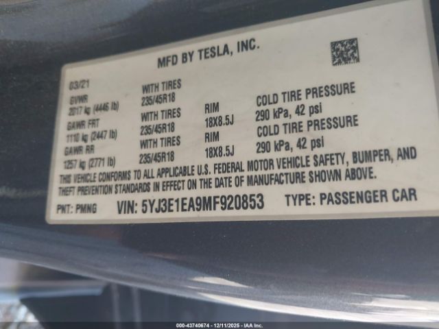 2021 TESLA MODEL 3 5YJ3E1EA9MF920853 Photo 8