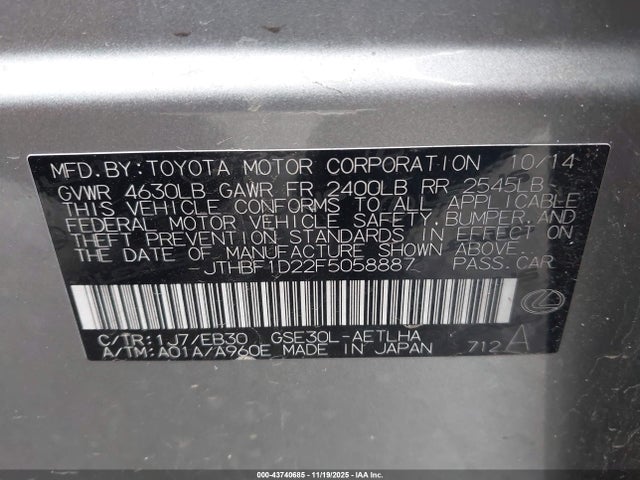 Продаж на аукціоні авто 2015 Lexus Is 250, vin: JTHBF1D22F5058887, номер лоту: 43740685