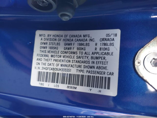 Honda Civic Lx-p 2018 2HGFC4B09JH305551 Image 9