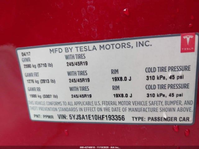 2017 TESLA MODEL S 5YJSA1E10HF193356 Photo 8