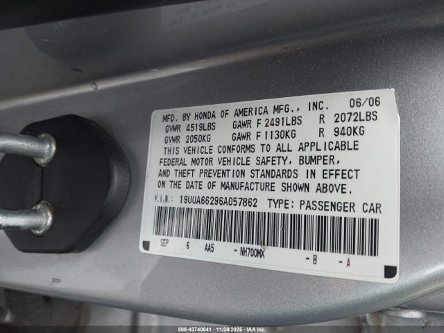Продажа на аукционе авто 2006 Acura Tl, vin: 19UUA66296A057862, номер лота: 43740841