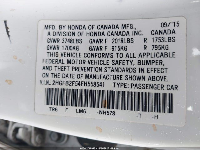 Honda Civic Lx 2015 2HGFB2F54FH558541 Image 9