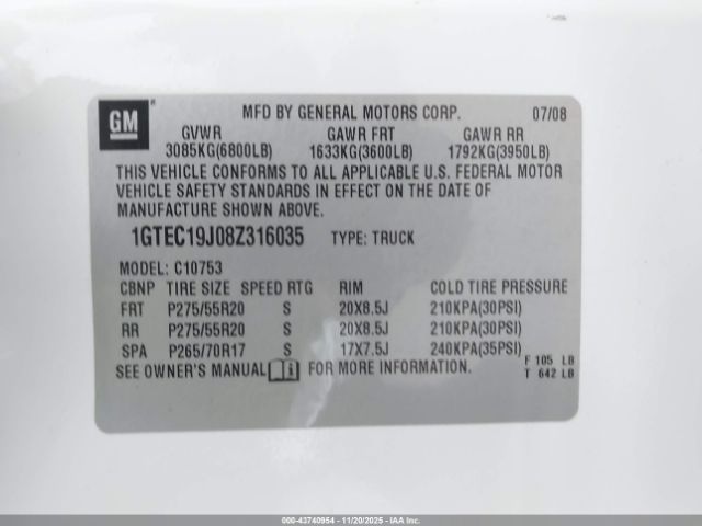 2008 GMC SIERRA 1500 1GTEC19J08Z316035 Photo 8