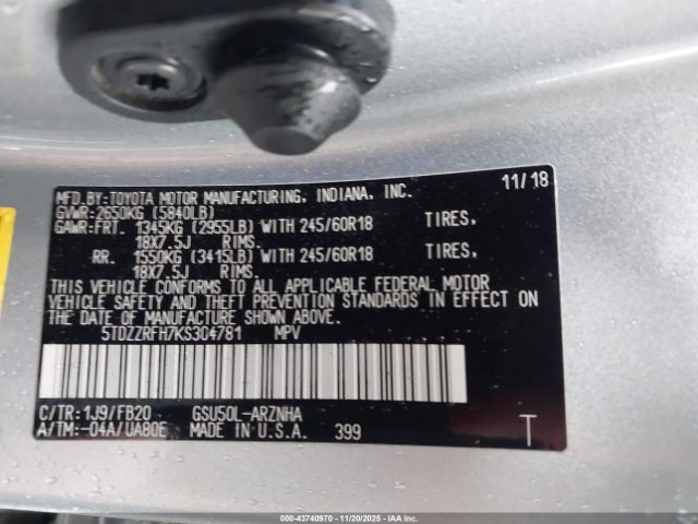 2019 TOYOTA HIGHLANDER 5TDZZRFH7KS304781 Photo 8