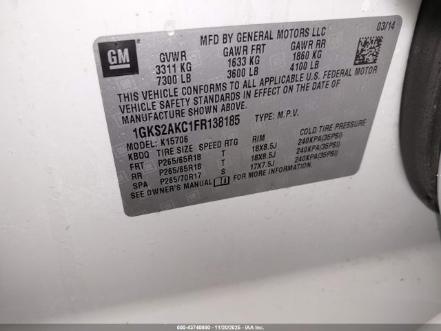 1GKS2AKC1FR138185 GMC YUKON SLE