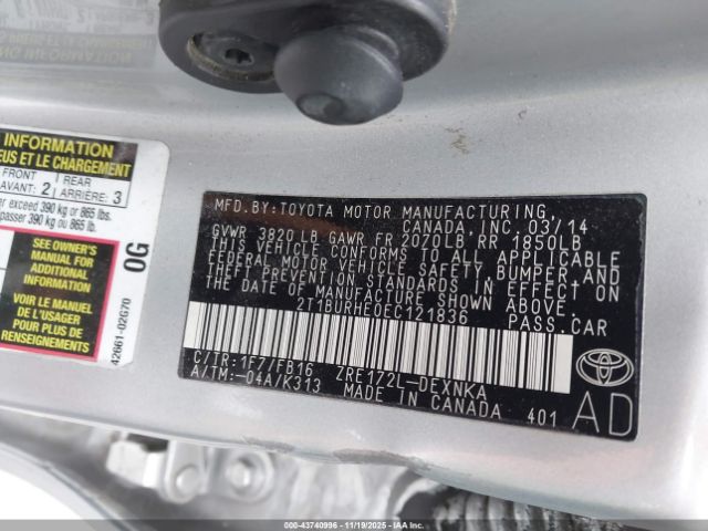 2014 TOYOTA COROLLA 2T1BURHE0EC121836 Photo 8