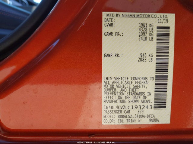 Nissan Altima Sr Fwd 2020 1N4BL4CV2LC193243 Image 9