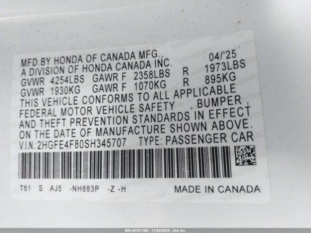 2025 HONDA CIVIC HYBRID 2HGFE4F80SH345707 Photo 8