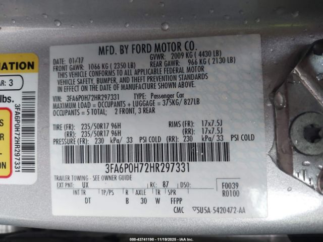 2017 FORD FUSION 3FA6P0H72HR297331 Photo 8