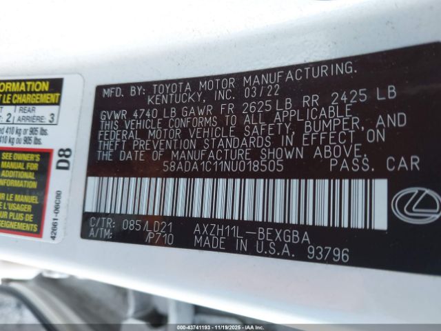 2022 LEXUS ES 300H 58ADA1C11NU018505 Photo 8