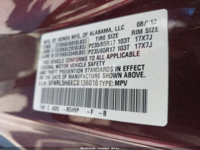 2012 HONDA ODYSSEY 5FNRL5H6XCB136016 Photo 8