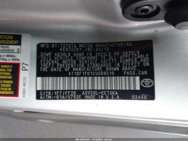 2012 TOYOTA CAMRY 4T1BF1FK1CU088510 Photo 8