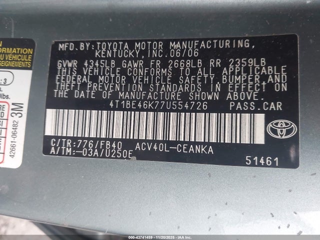 2007 Toyota Camry Le მანქანა იყიდება აუქციონზე, vin: 4T1BE46K77U554726, აუქციონის ნომერი: 43741459