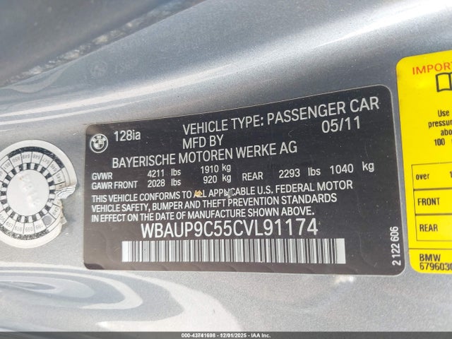Aukcja sprzedaży 2012 Bmw 128i, vin: WBAUP9C55CVL91174, numer aukcji: 43741698