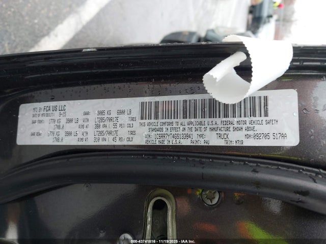 43741816 :رقم المزاد ، 1C6RR7YT4GS133841 vin ، 2016 Ram 1500 Rebel مزاد بيع