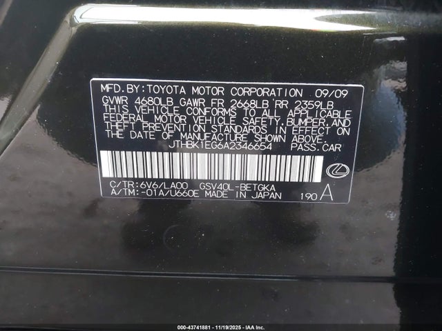 2010 Lexus Es 350 მანქანა იყიდება აუქციონზე, vin: JTHBK1EG6A2346654, აუქციონის ნომერი: 43741881