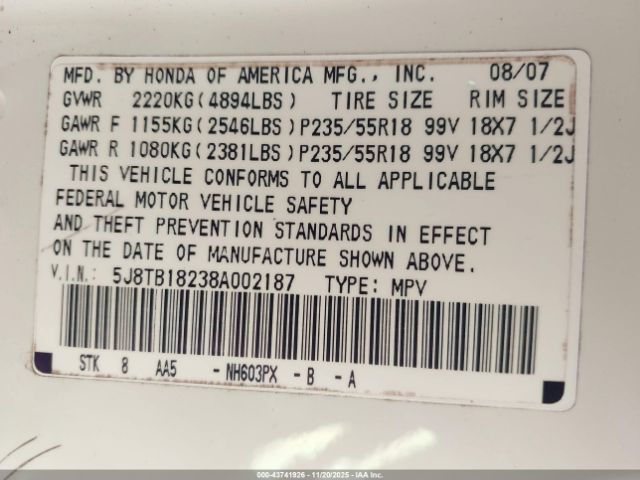 2008 ACURA RDX 5J8TB18238A002187 Photo 8