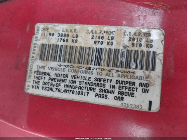 1991 SAAB 900 YS3AL76L4M7010817 Photo 8