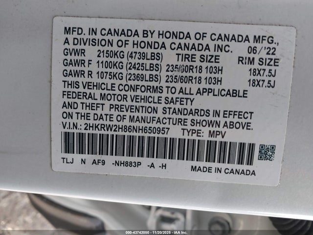 2HKRW2H86NH650957 Honda Cr-v Awd Ex-l