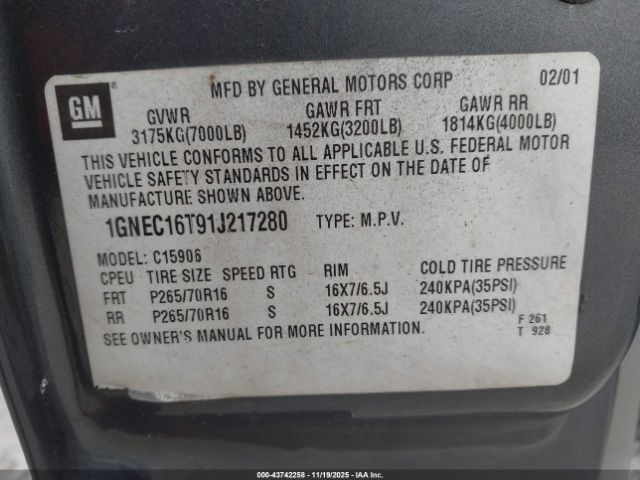 2001 CHEVROLET SUBURBAN 1500 1GNEC16T91J217280 Photo 8