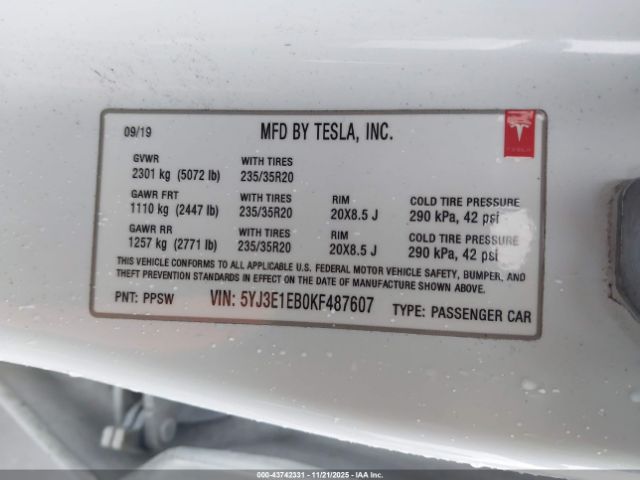 2019 TESLA MODEL 3 5YJ3E1EB0KF487607 Photo 8