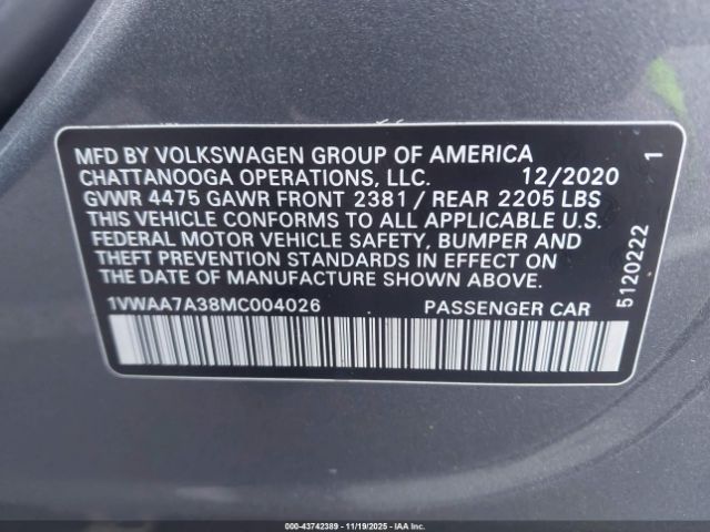 2021 VOLKSWAGEN PASSAT 1VWAA7A38MC004026 Photo 8