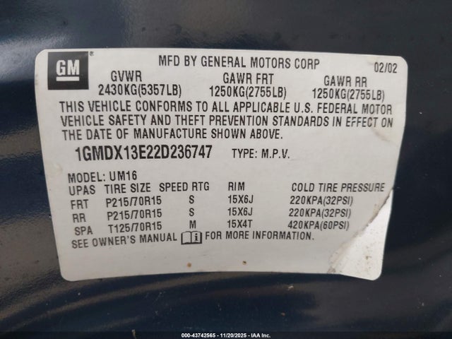 2002 PONTIAC MONTANA 1GMDX13E22D236747 Photo 8