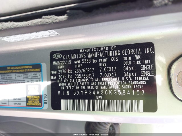 43742660 :رقم المزاد ، 5XYPG4A36KG584153 vin ، 2019 Kia Sorento 2.4l L مزاد بيع